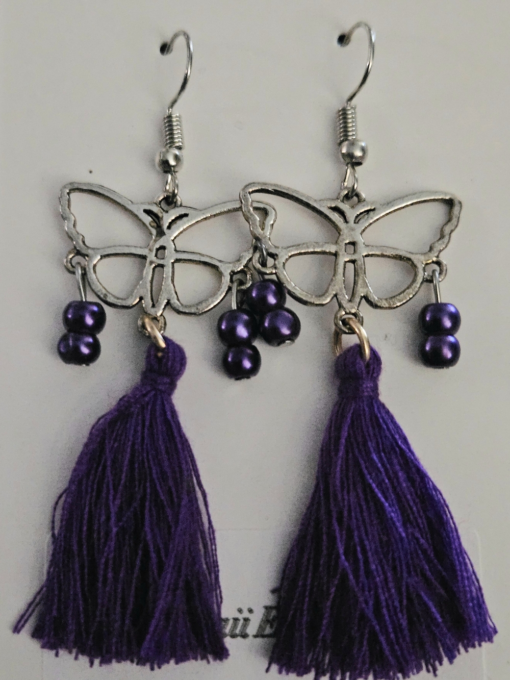 Purple Butterfly Tassel Earrings with Bead Accents- Handmade